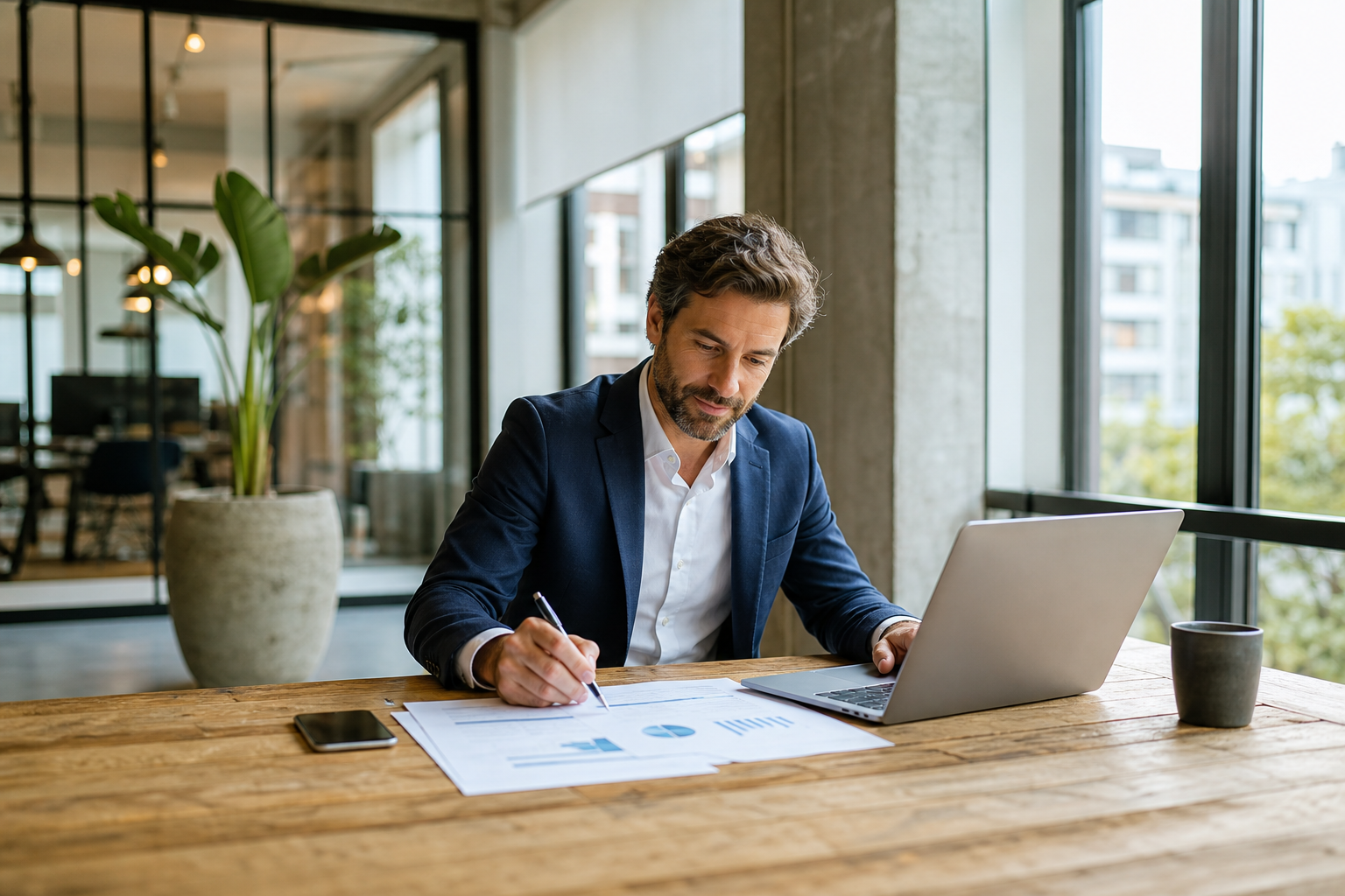 Zakelijke werktafel met documenten en rekenkaart
